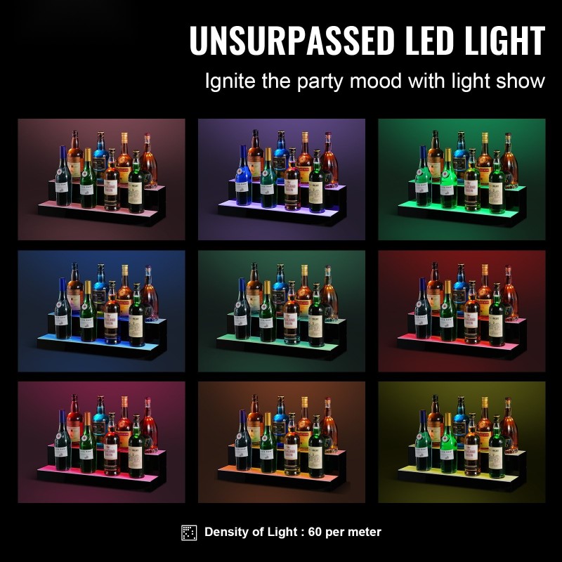 Akryylinen 2-tasoinen pulloteline 60 cm monivärinen LED RF-kaukosäädöllä ja sovellusohjauksella