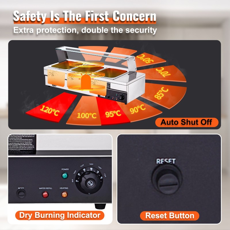 Työpöytämallinen sähköinen ruokalämmitin kolme 12 qt astiaa karkaistulla lasisuojalla ruostumattoteräskansilla