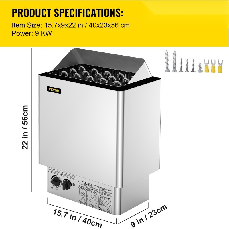 Sähkökiuas 9 kilowattia 380–415 volttia seinäasennettava ruostumaton teräs kuiva- ja märkäsaunaan