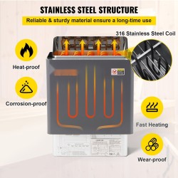 Seinäasenteinen sähköinen kuivasaunankiukas 9 kW 9–13 m³ ulkoisella ohjaimella 430 ruostumatonta terästä