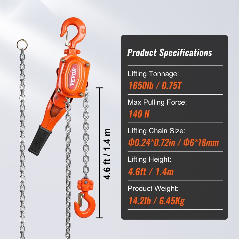 Manuaalinen viputaljaketjunostin 0,75 t 748 kg G80 galvanoitu ketju 1,5 m seosteräsrunko