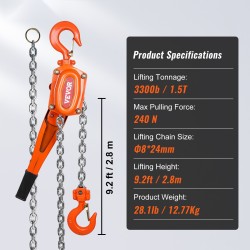 Käsikäyttöinen viputalja seosteräsrunko G80-luokan galvanoitu ketju 1,5 t Westonin kaksoiskynsijarru 3,1 m