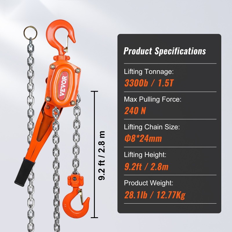 Käsikäyttöinen viputalja seosteräsrunko G80-luokan galvanoitu ketju 1,5 t Westonin kaksoiskynsijarru 3,1 m