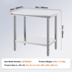 Ruostumattomasta teräksestä valmistettu työtaso 900×600×800 mm säädettävällä alahyllyllä ammattikäyttöön