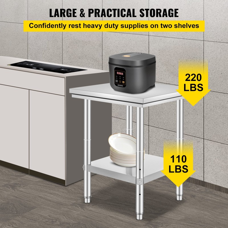 Työtaso ruostumattomasta teräksestä 600 x 600 x 800 mm alahyllyllä ammattikeittiöön