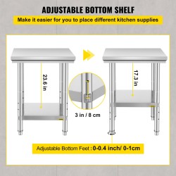 Työtaso ruostumattomasta teräksestä 600 x 600 x 800 mm alahyllyllä ammattikeittiöön