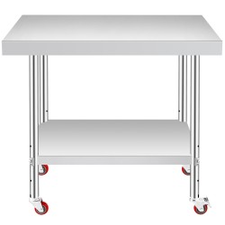 Ruostumaton teräs työpöytä 307x612x862 mm säädettävällä hyllyllä 4 pyörää joista 2 jarrullista