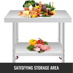 Ruostumaton teräs työpöytä 307x612x862 mm säädettävällä hyllyllä 4 pyörää joista 2 jarrullista