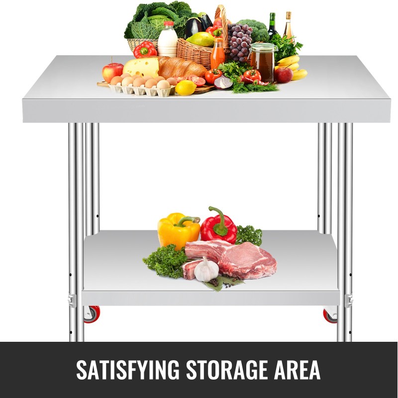 Ruostumaton teräs työpöytä 307x612x862 mm säädettävällä hyllyllä 4 pyörää joista 2 jarrullista