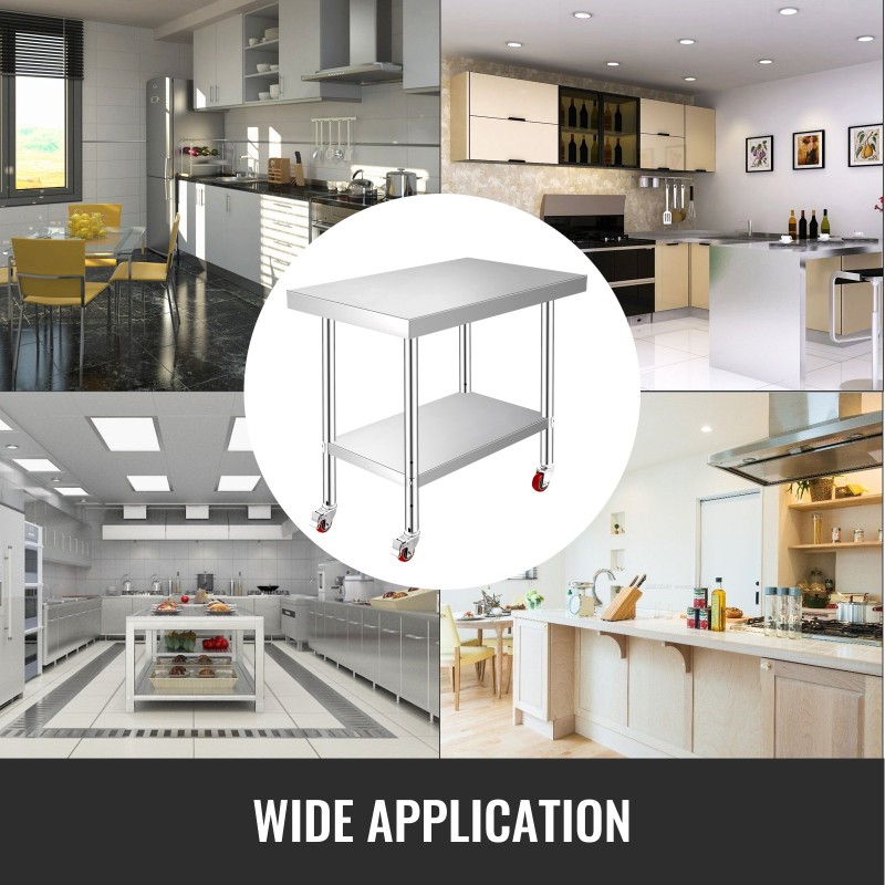 Ruostumaton teräs työpöytä 307x612x862 mm säädettävällä hyllyllä 4 pyörää joista 2 jarrullista