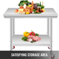 Ruostumaton teräspöytä 900 x 600 mm pyörillä ja säädettävällä alahyllyllä