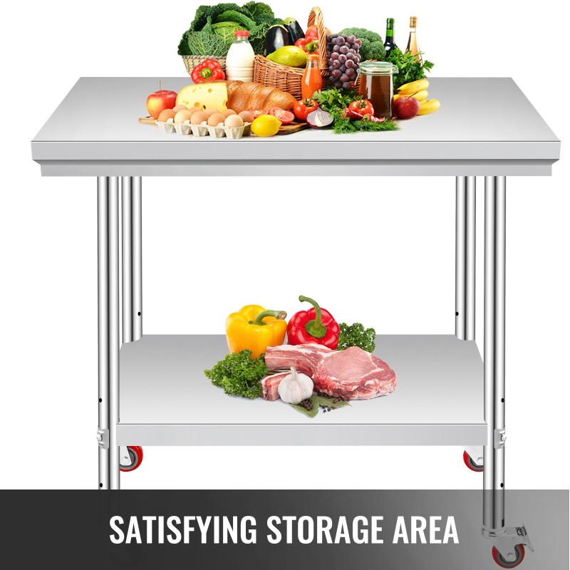 Ruostumaton teräspöytä 900 x 600 mm pyörillä ja säädettävällä alahyllyllä