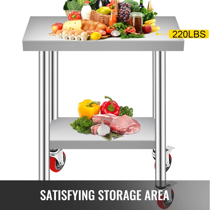 Työpöytä ruostumattomasta teräksestä 762 x 450 x 860 mm pyörillä säädettävällä alahyllyllä