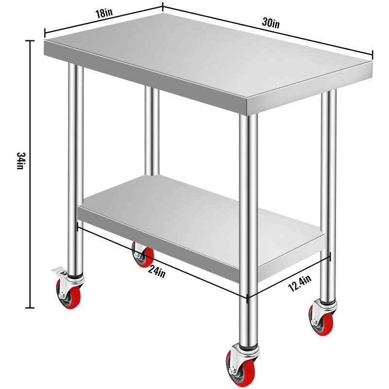 Työpöytä ruostumattomasta teräksestä 762 x 450 x 860 mm pyörillä säädettävällä alahyllyllä