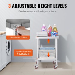 Ruostumaton teräs työpöytä 610x450x860 mm 3 korkeustasoa pyörillä