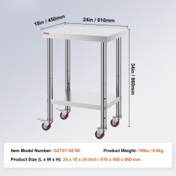 Ruostumaton teräs työpöytä 610x450x860 mm 3 korkeustasoa pyörillä