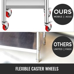 Ruostumaton terästyöpöytä kompakti koko pyörillä ja säädettävällä alahyllyllä