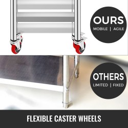 Ruostumattomasta teräksestä valmistettu ammattikeittiön työpöytä 910×760×860 mm säädettävällä alahyllyllä 4 pyörää