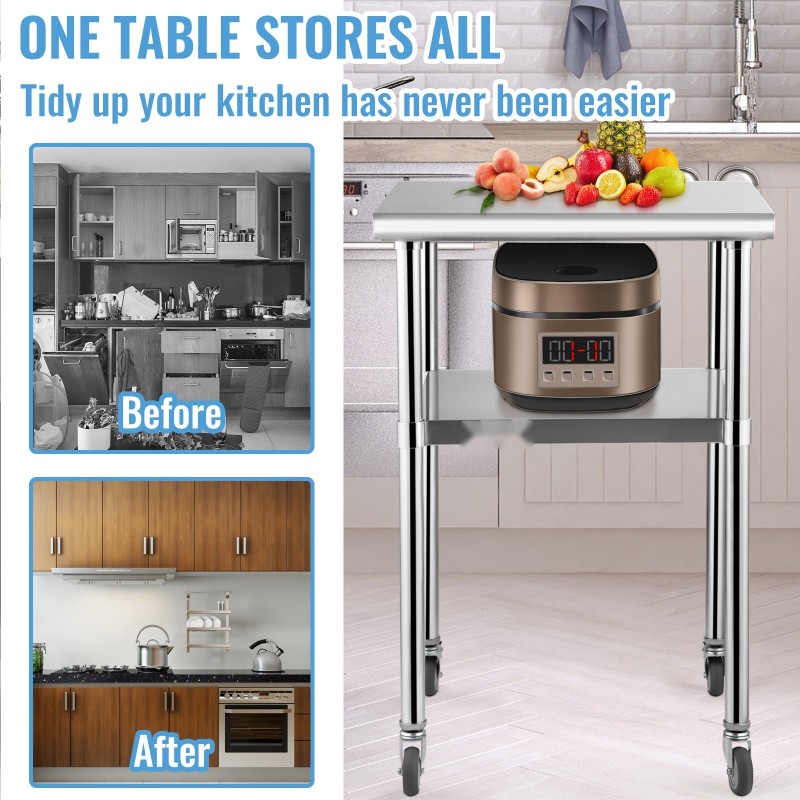 Ruostumaton teräs työtaso 61x61x91 cm 272 kg kantavuus säädettävä alataso pyörillä