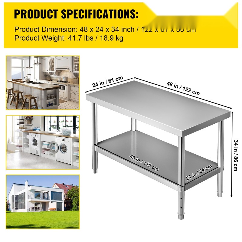 Ruostumattomasta teräksestä valmistettu työtaso 122 x 61 x 86 cm säädettävällä alahyllyllä