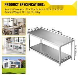 Ruostumattomasta teräksestä valmistettu valmistelupöytä 183x76x86 cm 249,5 kg kantavuus säädettävällä alatasolla