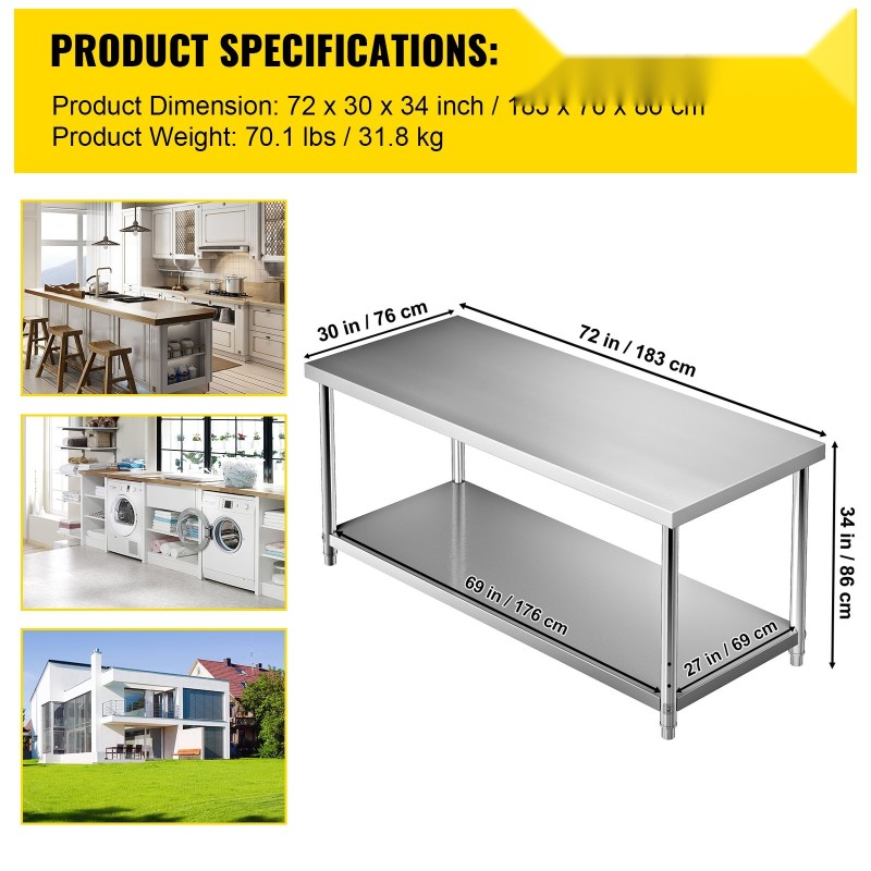 Ruostumattomasta teräksestä valmistettu valmistelupöytä 183x76x86 cm 249,5 kg kantavuus säädettävällä alatasolla