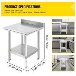 Työpöytä ruostumatonta terästä 600x600x880 mm alahyllyllä säädettävät jalat NSF sertifioitu