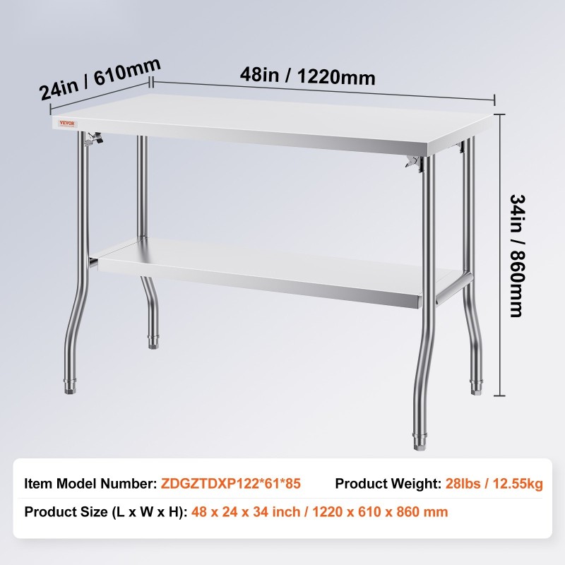 Työpöytä ruostumattomasta teräksestä taittuva 122 cm leveä 61 cm syvä 350 kg