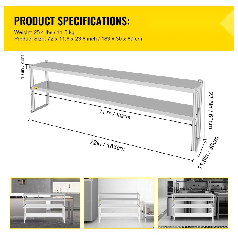 Kaksitasoinen ylähylly ruostumatonta terästä 183 x 30 cm alempi hylly säädettävä