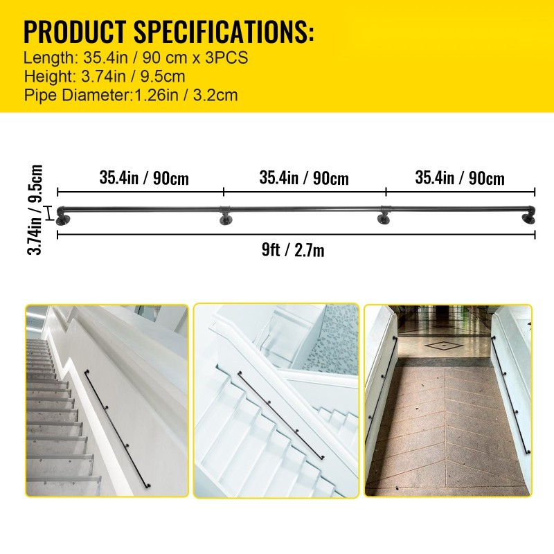 Putkikaide portaikkoon hiiliteräs mattapinta 2,7 m 3 putkea 4 seinäkiinnikettä