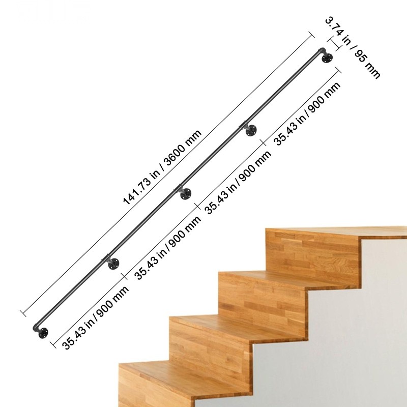Seinäkiinnitteinen hiiliteräksinen porraskaide 3,6 metriä musta mattapinta