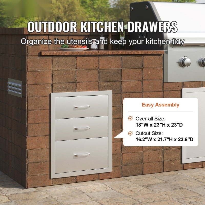 Ulkokeittiön ruostumaton teräs 3-tasoinen laatikosto 458x521x588 mm