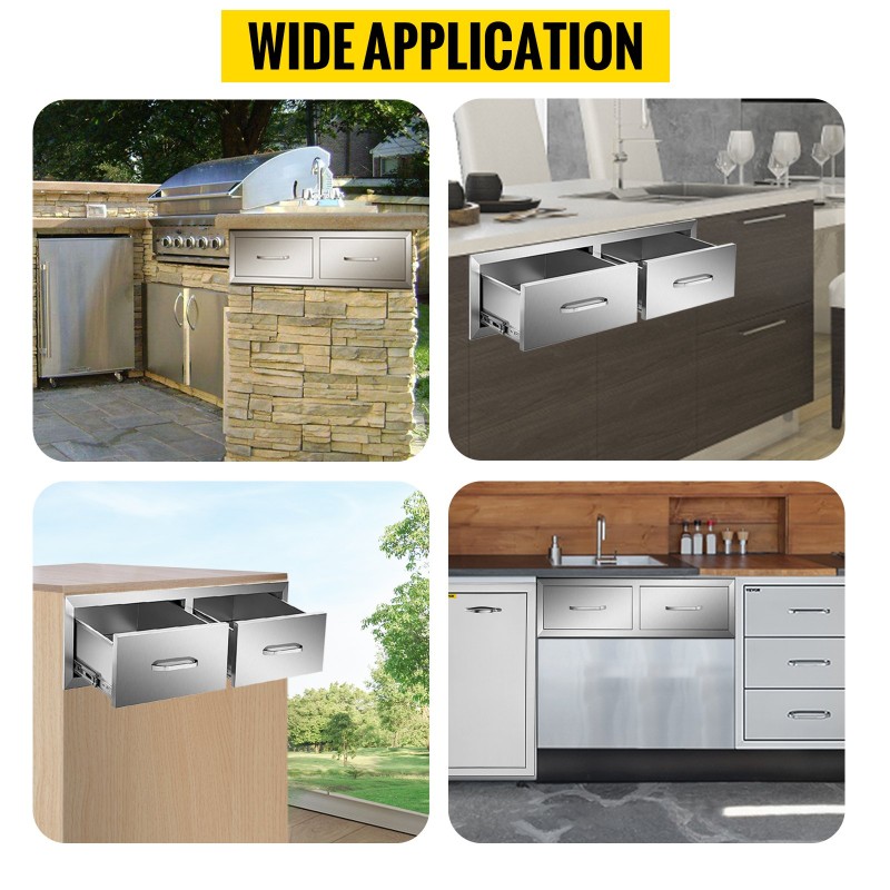 Ulkokeittiön ruostumaton teräslaatikosto 75x25x50 cm kaksiosainen ilmanvaihtopaneelilla