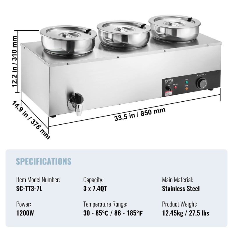Sähköinen keittoastia ruostumattomasta teräksestä kolmella pyöreällä padalla ammattikäyttöön