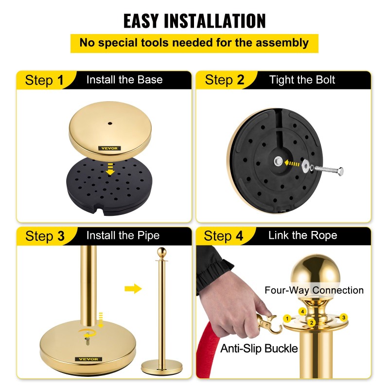 Jononhallintatolppasetti kultainen ruostumaton teräs 96 cm 2 punaista 1,5 m samettiköyttä