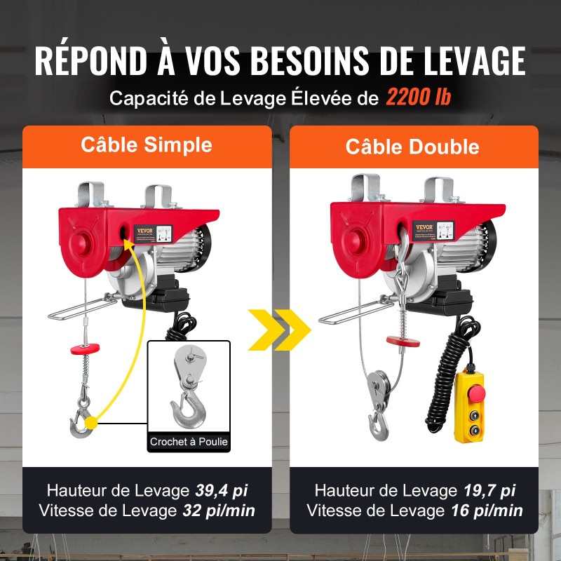 Sähköinen köysinostin 998 kg 1600W 220V puhtaan kuparin moottori 12 m teräsvaijeri