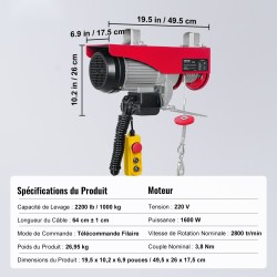 Sähköinen köysinostin 998 kg 1600W 220V puhtaan kuparin moottori 12 m teräsvaijeri