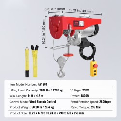 Sähkövinssi kaksivaijerikäyttö 1200 kg 230V teräsvaijeri johdollinen 426,7 cm kaukosäädin
