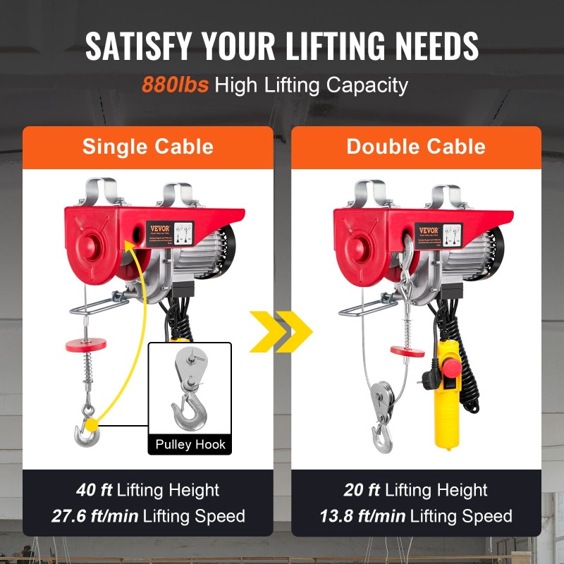 Sähköinen nostin 230V teräspunottu vaijeri 200/400 kg hätäseispainike johdollinen kaukosäädin