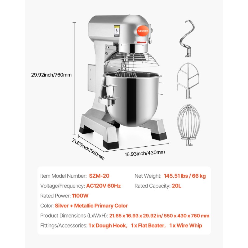 Ammattikeittiön sähköinen sekoitin 20 litran ruostumattomasta teräksestä valmistettu 750 watin kolmella nopeudella