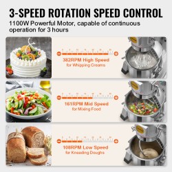 Ammattilaisen elintarvikemikseri 18,7 litran ruostumattomasta teräksestä valmistettu kulho 1100 wattia 3 nopeutta