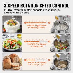 Kaupallinen taikinakone 18,7 litran ruostumaton kulho 1100 watin moottori 3 nopeutta ravintolakäyttöön