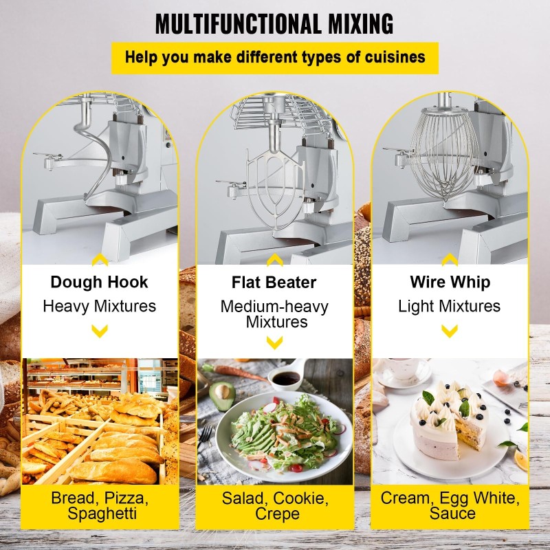 Teollinen yleiskone 15 Qt kulho 600 W ruostumattomilla osilla 3 nopeutta