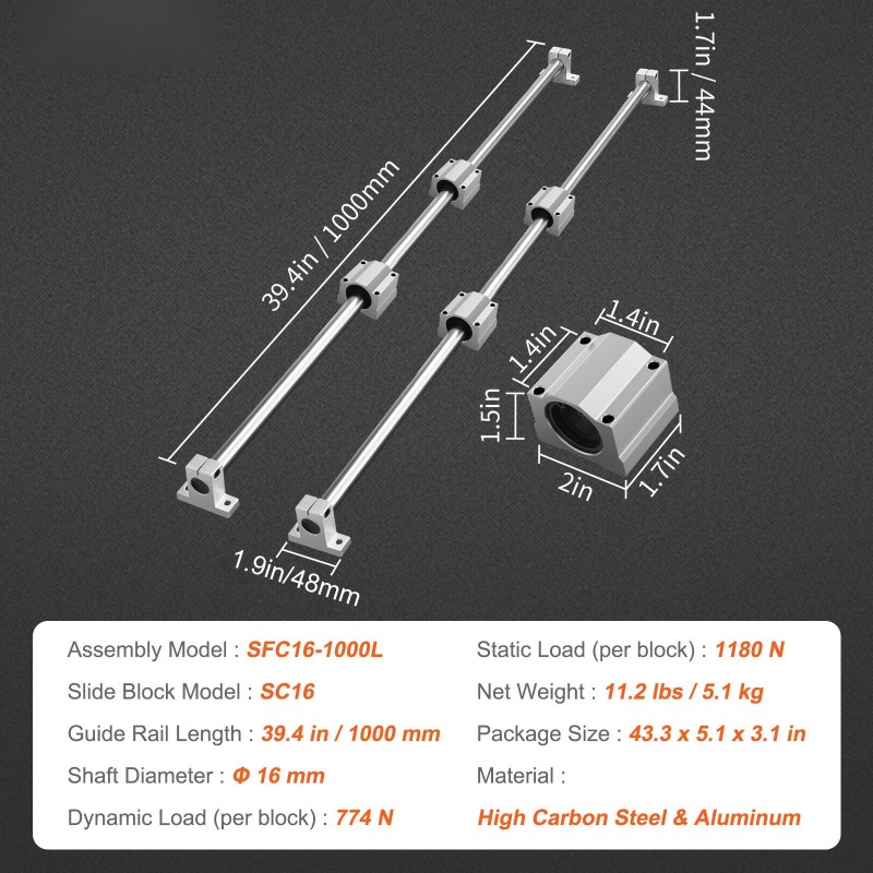 Lineaarikiskosarja SFC16 1000 mm metallirakenteinen 2 kpl kiskoja 4 SC16 liukupalikkaa
