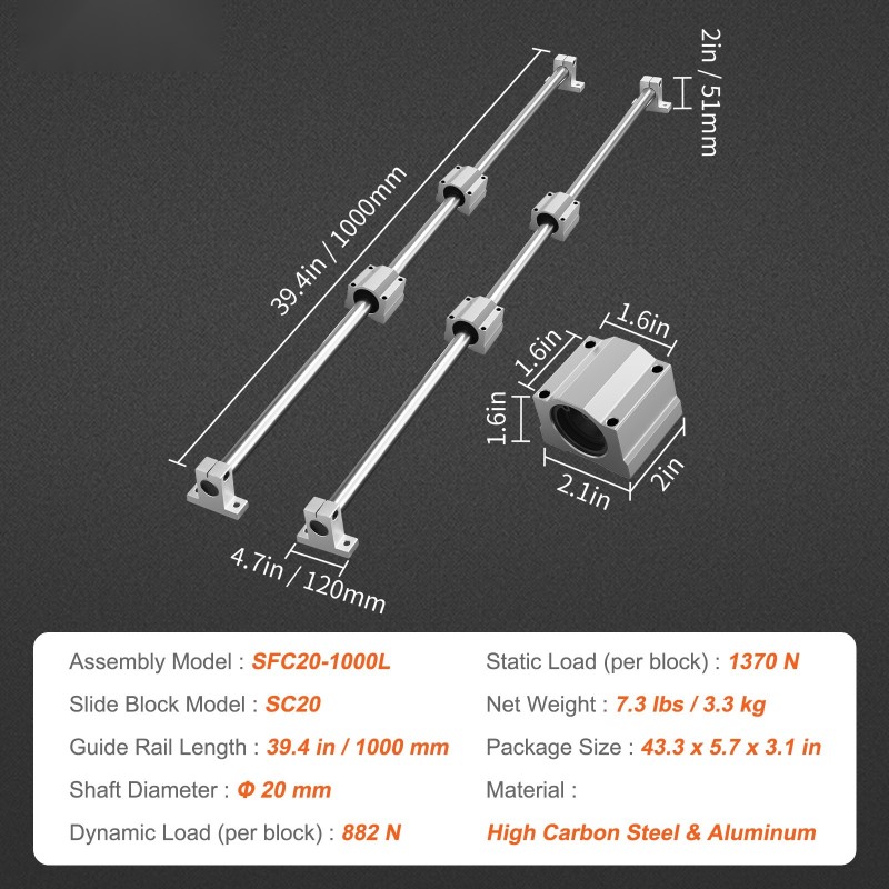 Lineaarijohdesarja SFC20 2 kpl 1000 mm ohjauskiskoja 4 kpl SC20 liukupalikkaa