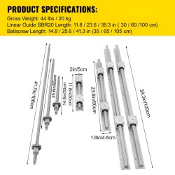 Lineaarikiskopaketti SBR20 teräs 6kpl 300 600 1000 mm ja 3 RM1605 kuularuuvia