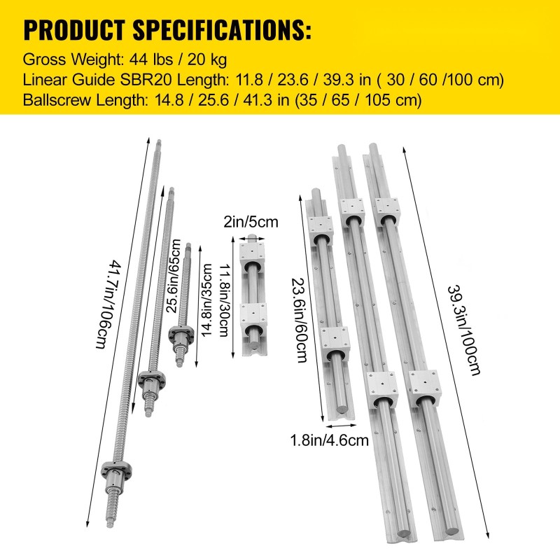 Lineaarikiskopaketti SBR20 teräs 6kpl 300 600 1000 mm ja 3 RM1605 kuularuuvia