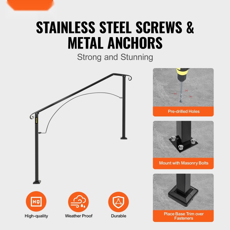 Ulkoportaiden kaide taotusta raudasta säädettävä 3 tai 4 askelmalle musta