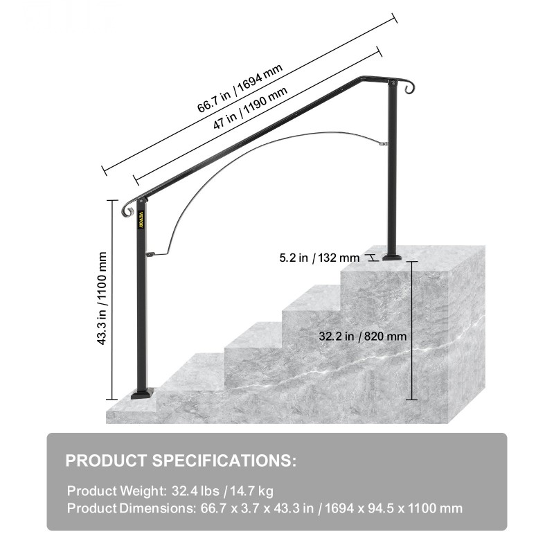 Taottu rautakaide ulkoportaisiin musta sopii 4–5 portaalle säädettävä