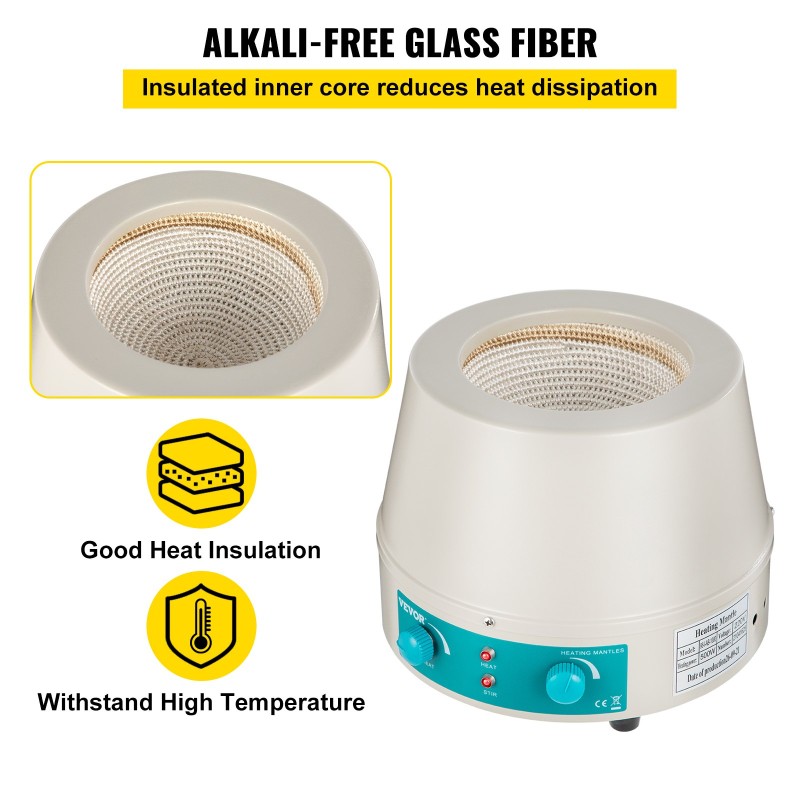 Lämmityskuori magneettisekoittimella 1000 ml 500W teräsrunko digitaalinen pyöreäpohjaisille keittopulloille